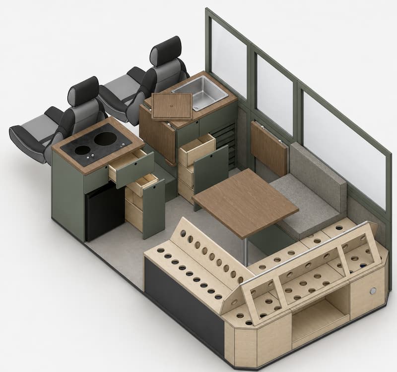 Un meuble en bois dans un van amenagé
