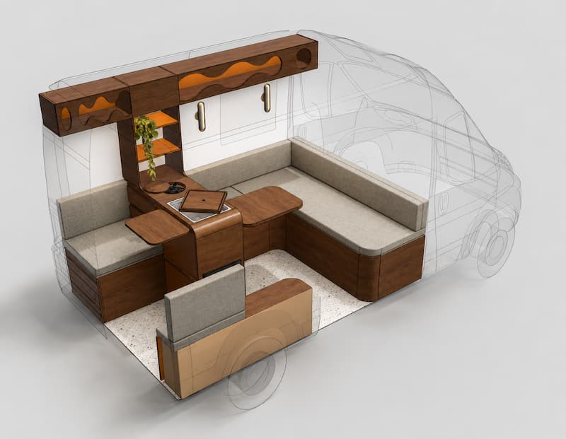 Un meuble en bois dans un van amenagé